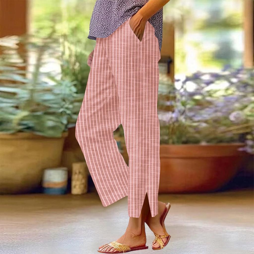 Pantalon Casual Rayé Tendance pour Femme, Lâche, Taille Élastique Confortable, Coupe Droite, Coton et Lin