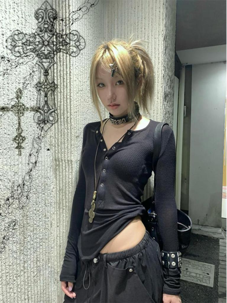 Y2k Japanese T Shirt Women Lace Long Sleeve Print Graphic Tops Streetwear American Retro 90s Crop Tops