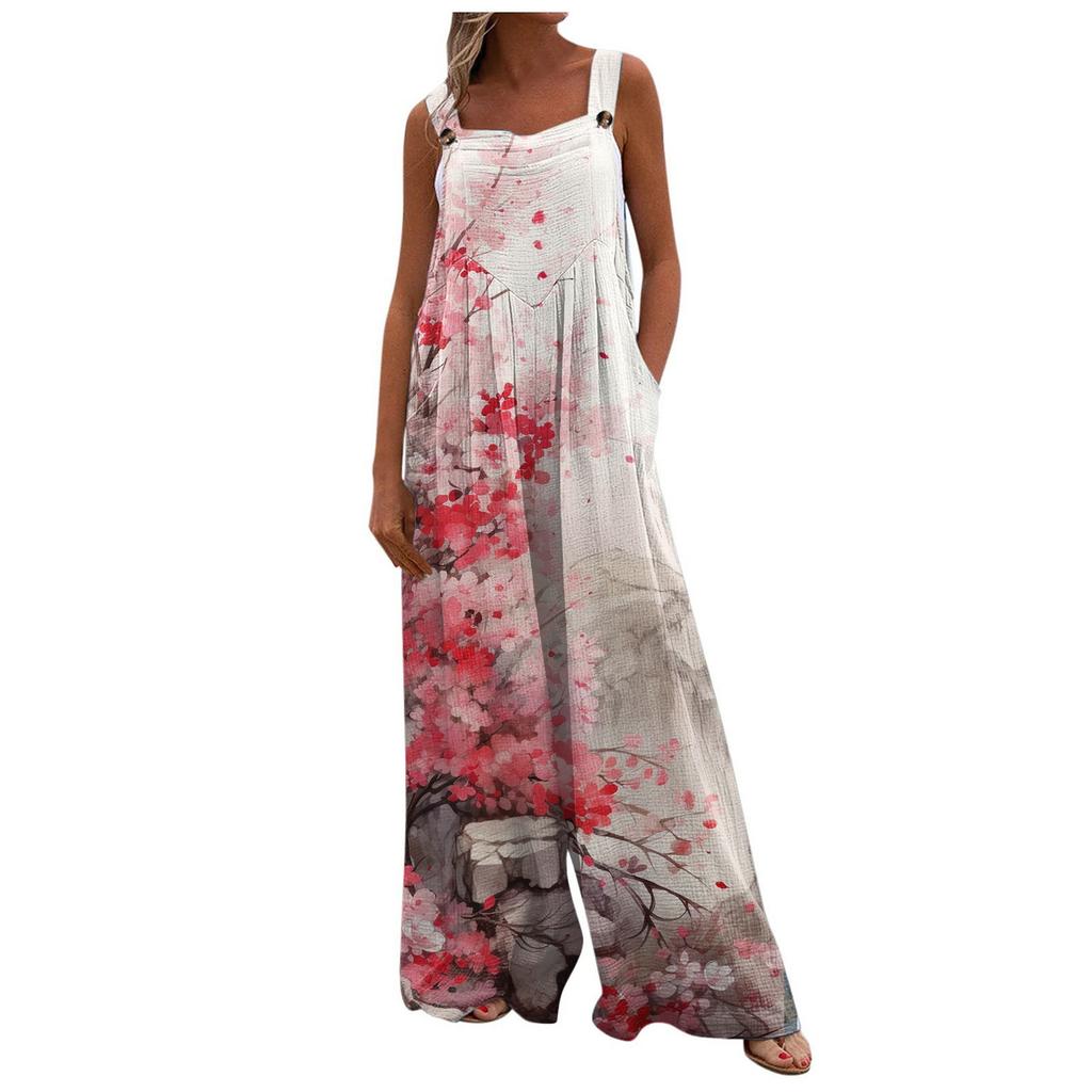 Women's Wide Leg Jumpsuit Casual Loose Sleeveless Jumpsuit Regular Printed Button Long Pants Pocket  Jumpsuit