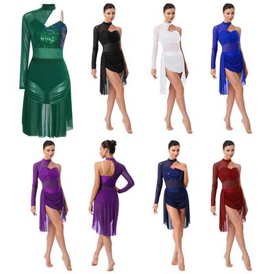 Maillot de Danza Lírica para Mujer Cuello Alto Tirantes Espagueti Ajustables Un Hombro Vestido de Lentejuelas Brillantes