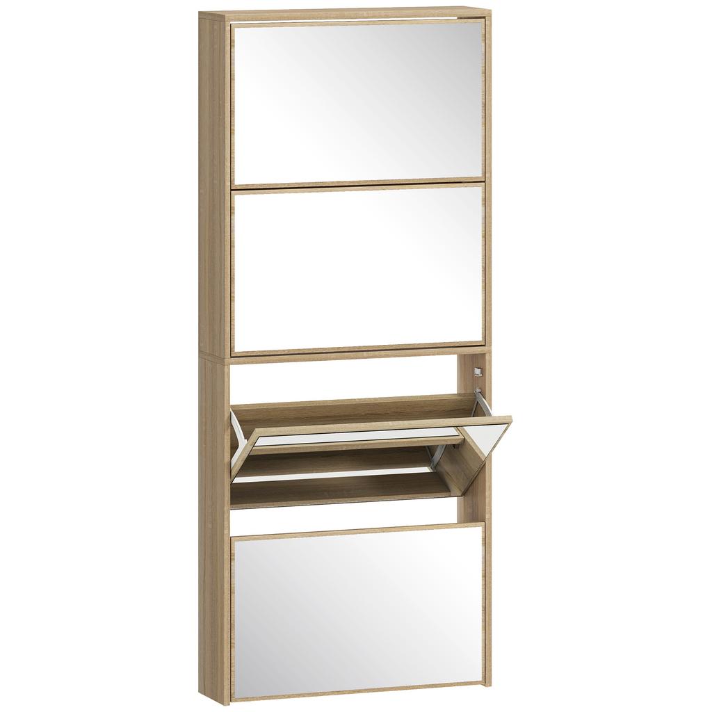 Schmaler Schuhschrank mit Spiegel und 4 Klapptüren für 12 Paar Schuhe 63x17x146 cm Natur