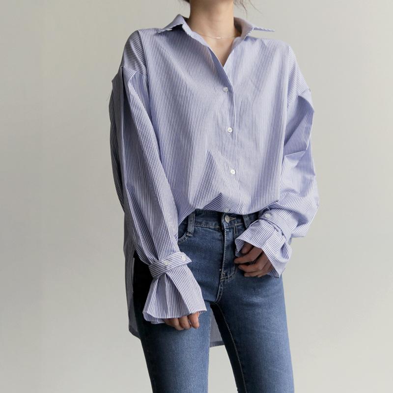 

Синяя полосатая рубашка женская свободная весенне-осенняя блузка с рукавами-фонариками женская вертикальная полоска универсальная с длинными рукавами удобная женская одежда XXL синий