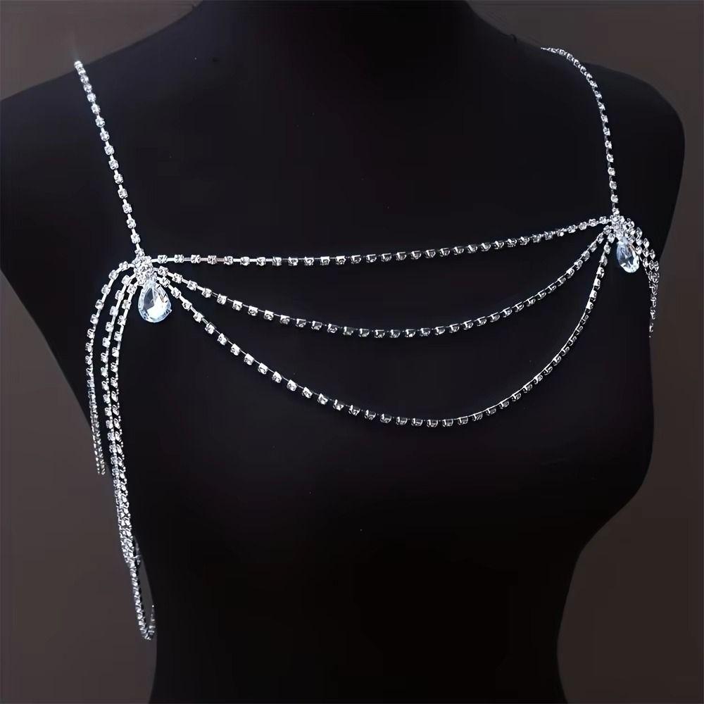 Luxury Bling Body Chain Water Drop Women's Shoulder Chain Rhinestone Collarbone Chain  Evening