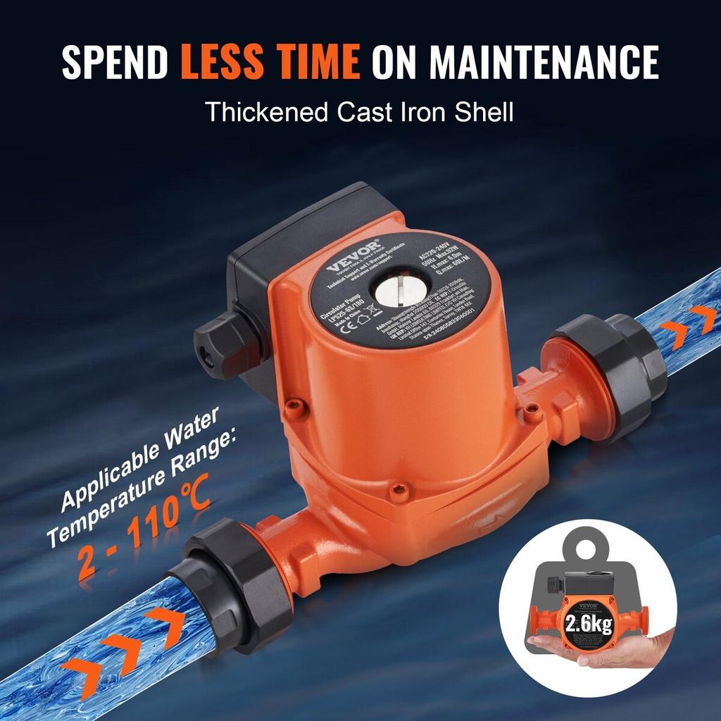 Vevor Hot Water Circulation Pump Cast Iron Recirculating Pump 220V 92W, 60 L/min Max Flow Rate, 6m Max Head Lift, 1-1/2" Threaded Connection, 2°c To