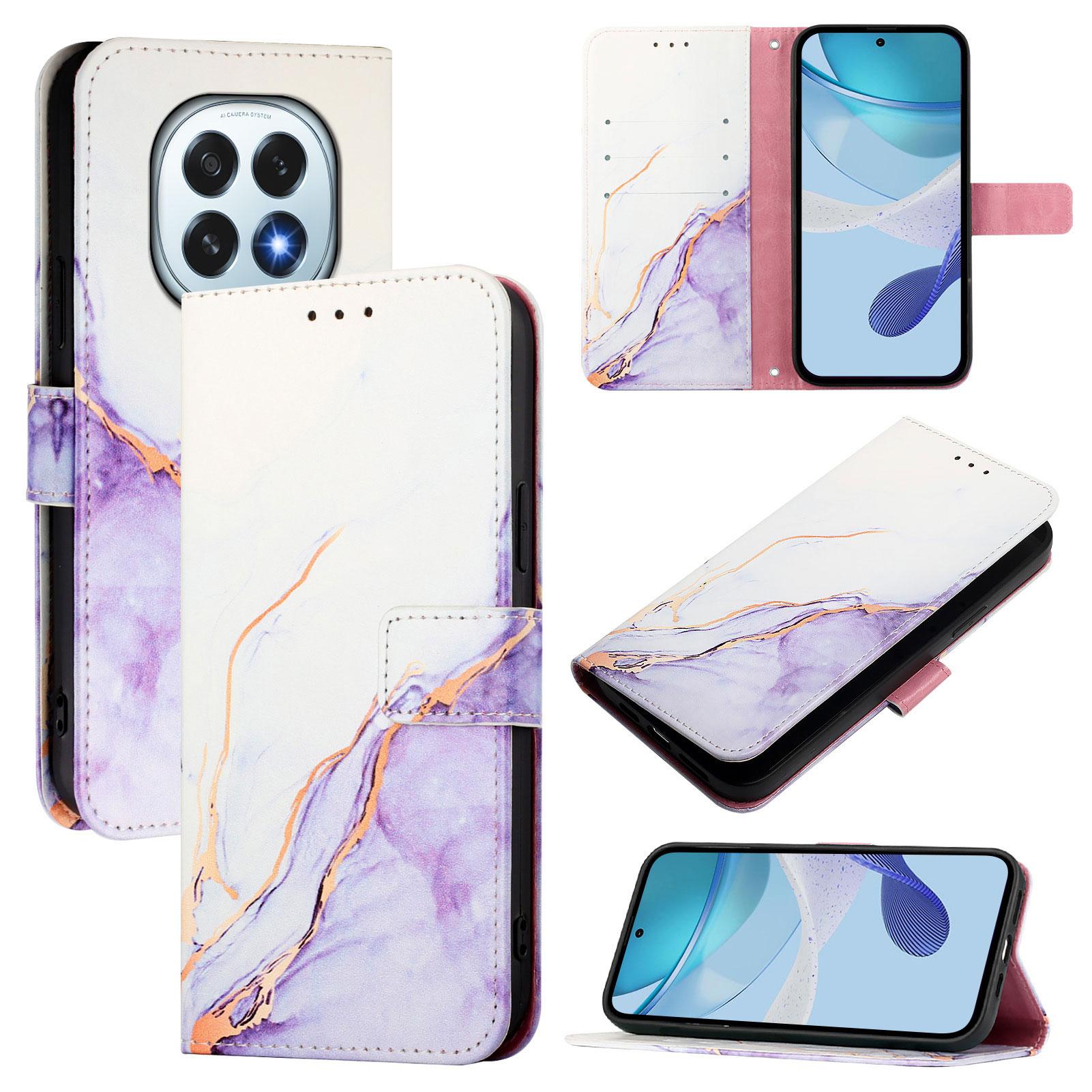 

For Oppo F29 5G Case with Strap Marble Pattern Leather Phone Cover Card Holder White/Purple LS006