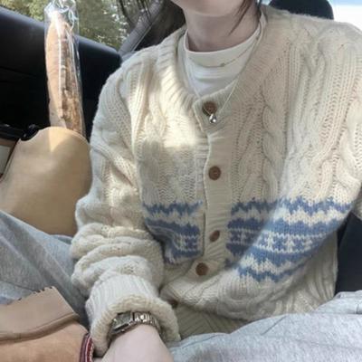 Sheep Hair Retro Color Contrast Japanese Lazy Wind Loose Fried Dough Twists Cardigan Sweater Coat Women