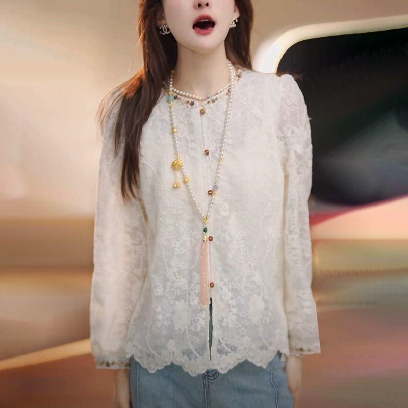 Spring shirt 2025 lace women's high plus size new shirt lace stacked bottoming shirt
