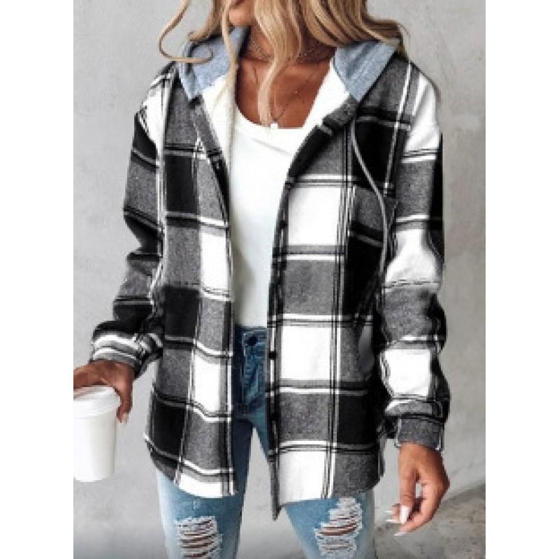 Womens Oversized Plaid Wool-Blend Coat Long Sleeve Hooded Short Outerwear Winter Casual Wear