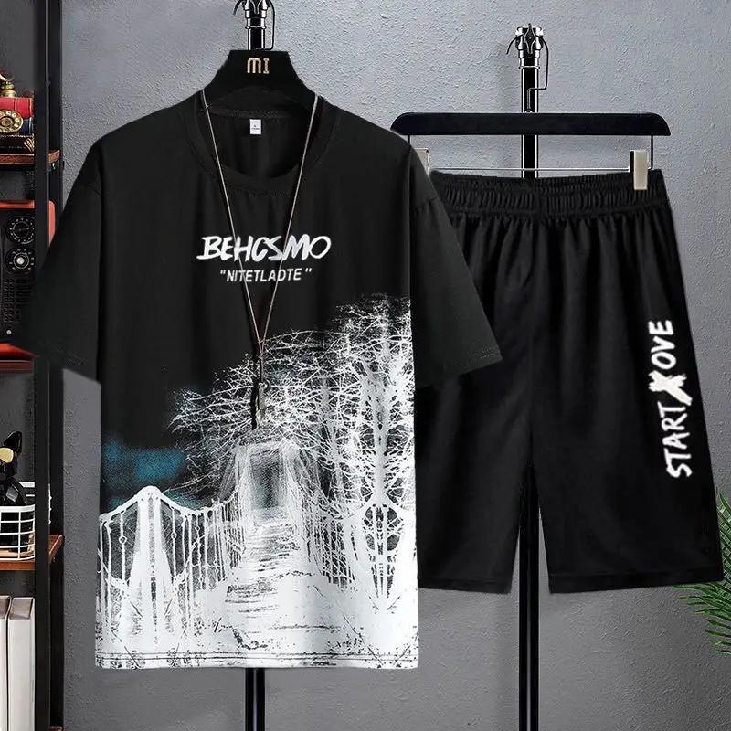 Summer Casual Suit Men's Ultra-thin Quick-dry Ice Silk Short Sleeved T-shirt Sports 5-minute Shorts Running 2-piece Set