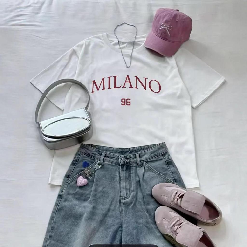 Camiseta de Algodón Holgada de Verano para Mujer - Estilo Europeo y Americano, Longitud Media, Manga Corta, Diseño Estampado Versátil