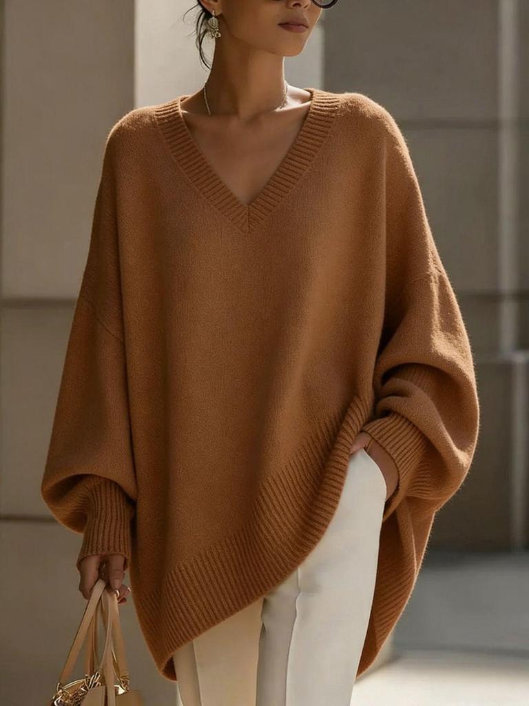 Women's European & American Autumn/Winter Round Neck Pullover Knitwear - Loose Fit, Solid Color Dress