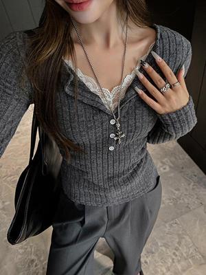 Women's Autumn-Winter V-Neck Lace Layered Knit Top - Slim Fit, Long Sleeve, Korean Style