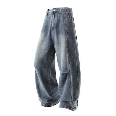 Jeans Anchos Lavados Azules para Hombre Pantalones de Pana de Pierna Ancha con Bolsillos Cargo Laterales