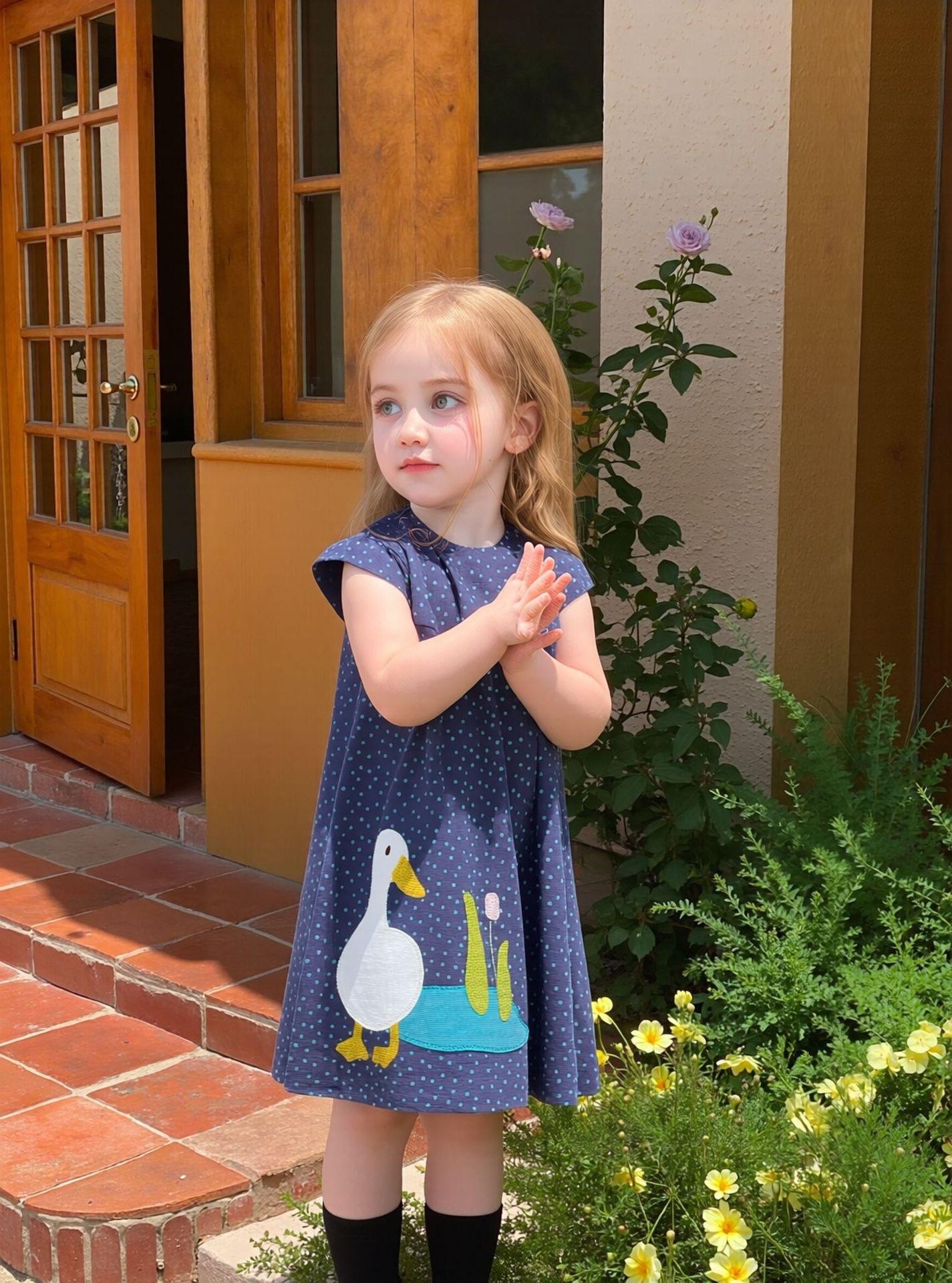 Girls Summer Cotton Sleeveless Dress with Cute Duck Embroidery 90