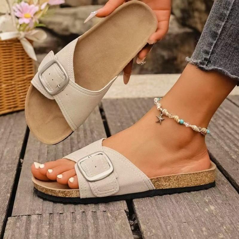 Fashion 2025 New Women's Simple Solid Color Buckle Cover for Wearing Flat Heeled Straight Slippers