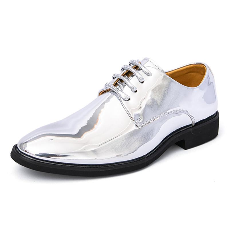 

Мода Новые Золотые Серебряные Глянцевые Лакированные Кожаные Туфли Дерби на Шнуровке для Мужчин Формальные Свадебные Жених Выпускной Плоские Zapatillas Hombre 43
