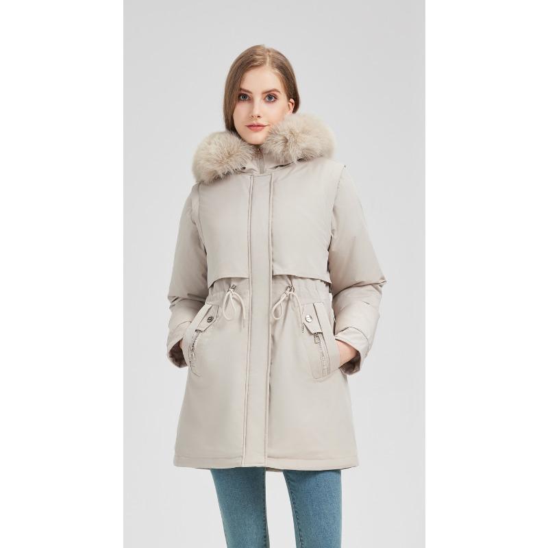 One-piece, Two-wear Parkas for Women, Mid-length Winter Velvet Thickened Warm Cotton Coat, Large Fur Collar, Western Style Slim Coat