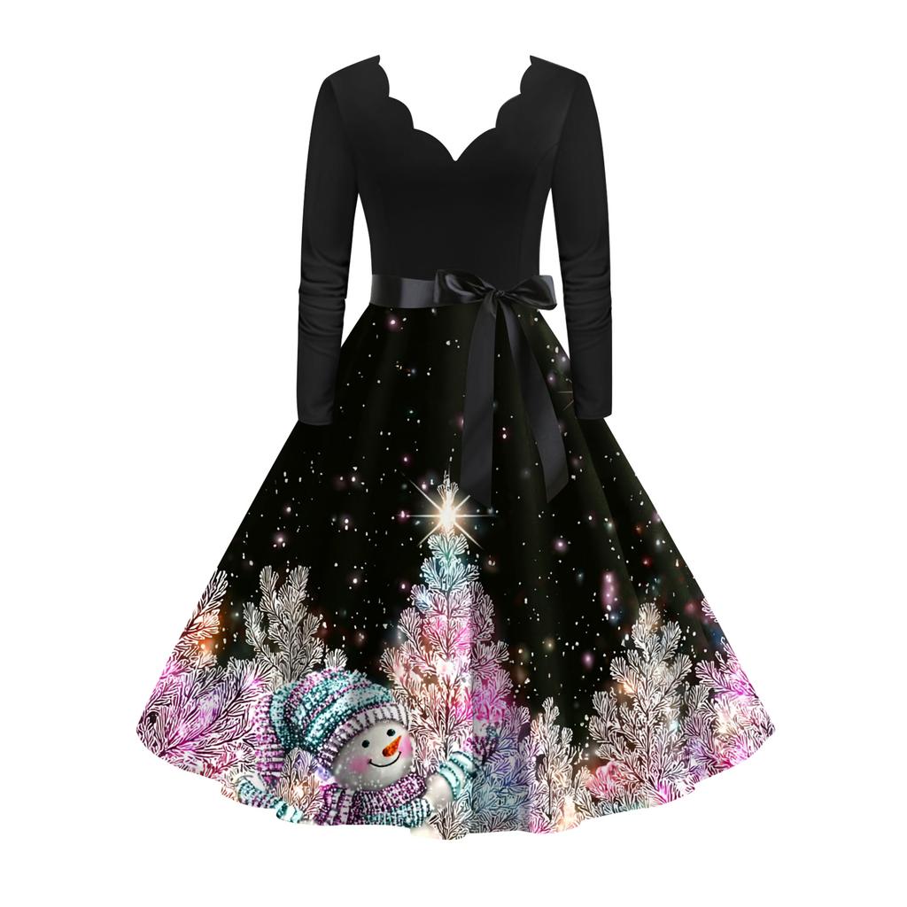 Women's Fashion Elegant Autmn and Winter Long Sleeve V-Neck Christmas Print Dress