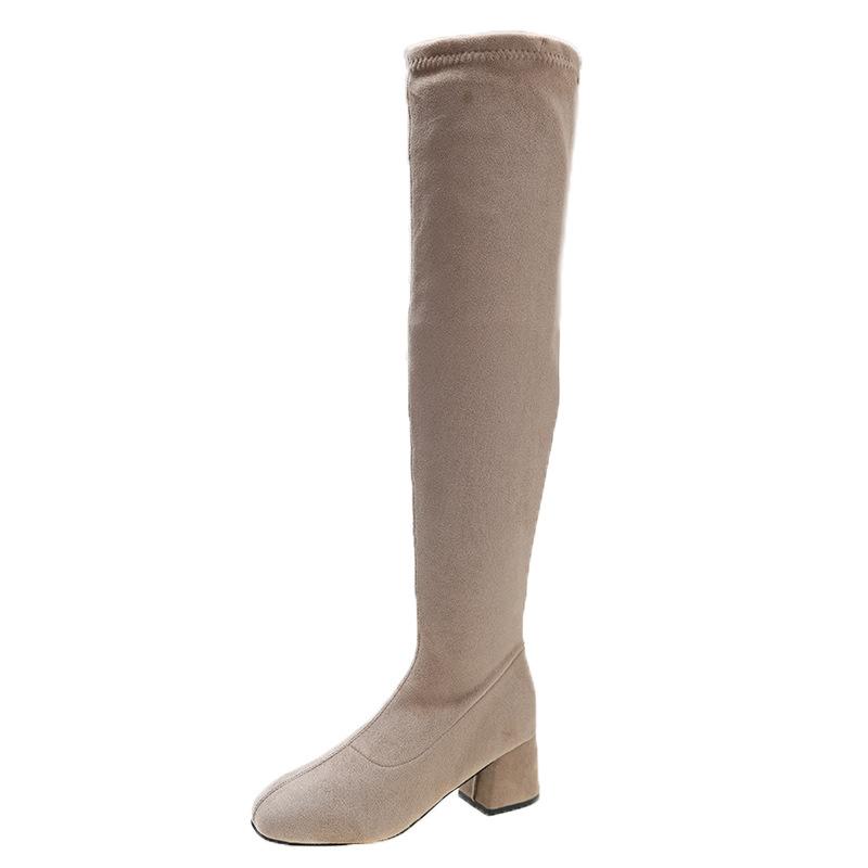 

Long tube over knee elastic shoes autumn and winter thick heel side zipper suede thin small women thin boots 2025 winter 40 хаки