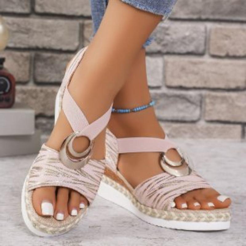 

Women s Wide Width Buckle Wedge Heels - Jute & Elastic Platform Sandals for Summer, Chunky Sole Beach Mules 43 рожевий