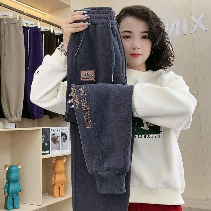 Damen Winterhose mit Fleecefutter, warm, dick, modisch, Thermo-Plüschhose, lässig, Sport-Jogginghose, Hose mit elastischer Taille