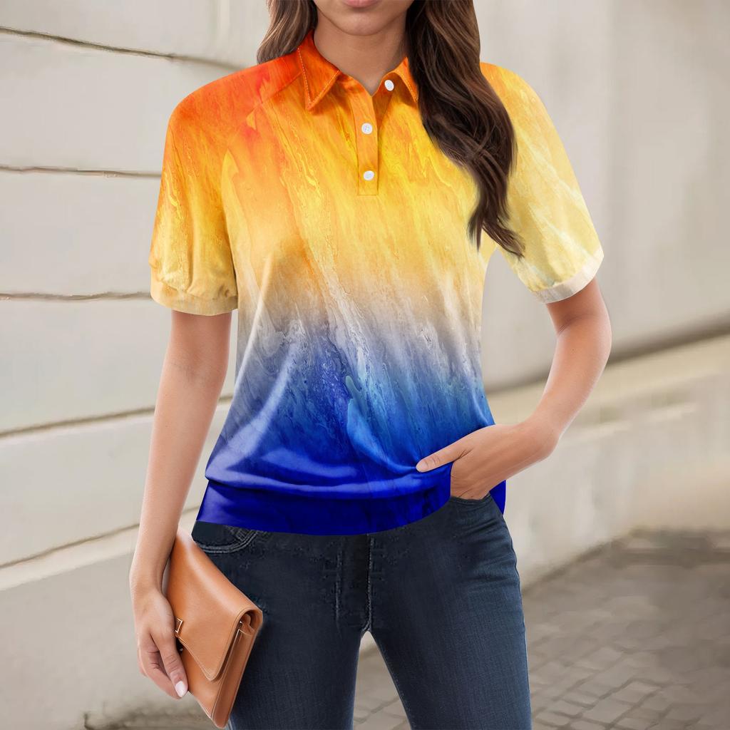 Women's Casual Floral Print V-Neck Short Sleeve Decorative Button T-Shirt Top