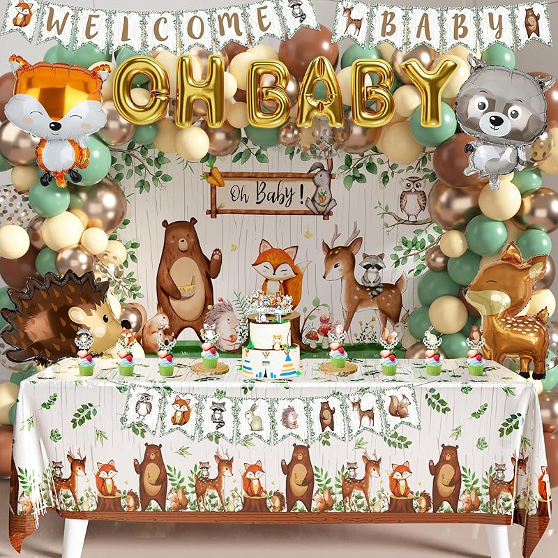 BORAMDO Woodland Animals Baby Shower Decoration Pack Forest Animal Neutral Gender Reveal Party Supplies Woodland Themed Birthday Party Ideas Set 106 Woodland 106P