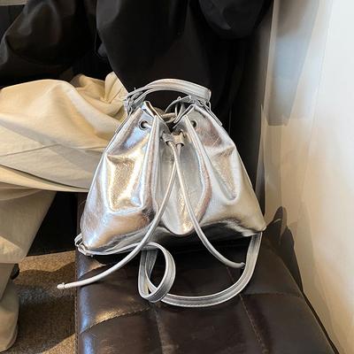 Fashion Pu Bucket Bag Texture Solid Color Shoulder Bag Retro Simple Backpack Versatile Women'S Bag