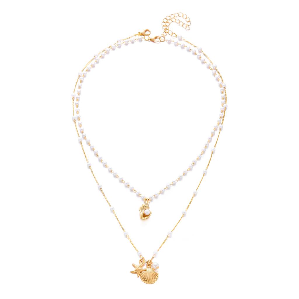 Boho Double Layer Imitation Pearl Shell Starfish Necklace for Women Beach Pendant Short Choker Neck Chain Jewelry Accessory