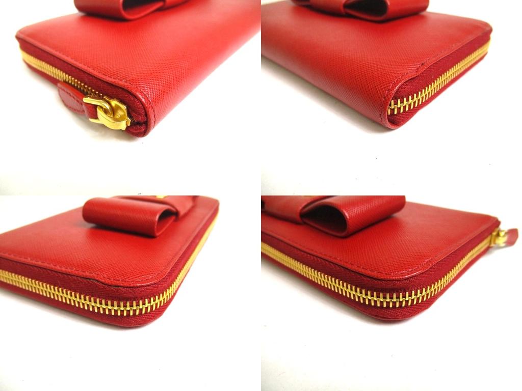 Authentic PRADA Red Saffiano Leather Ribbon Motif Round Zip Long Wallet #a334  Refurbished