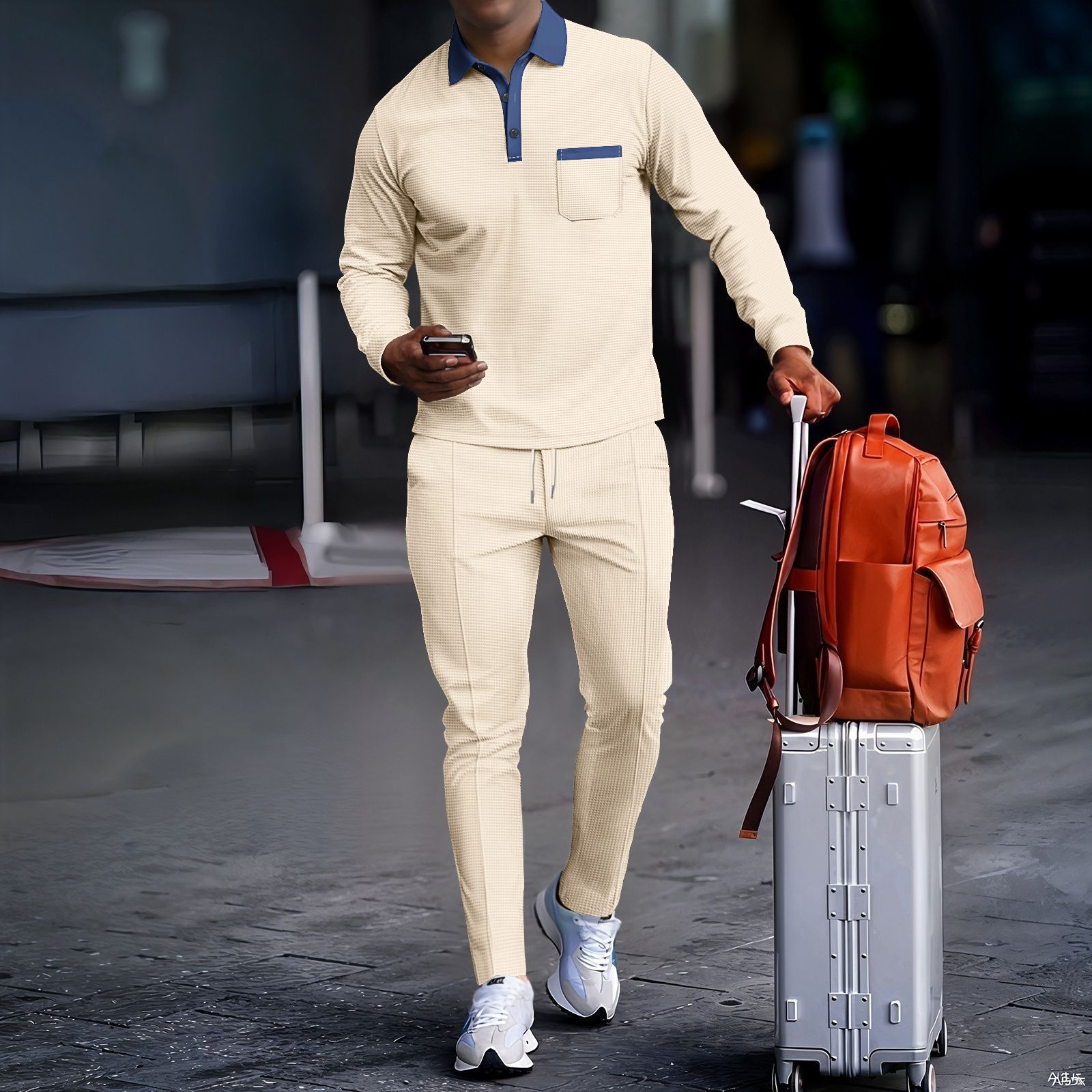 

Весна/Осень Новое поступление Мужская повседневная спортивная одежда Уличный универсальный однотонный костюм с воротником и вафельным переплетением M