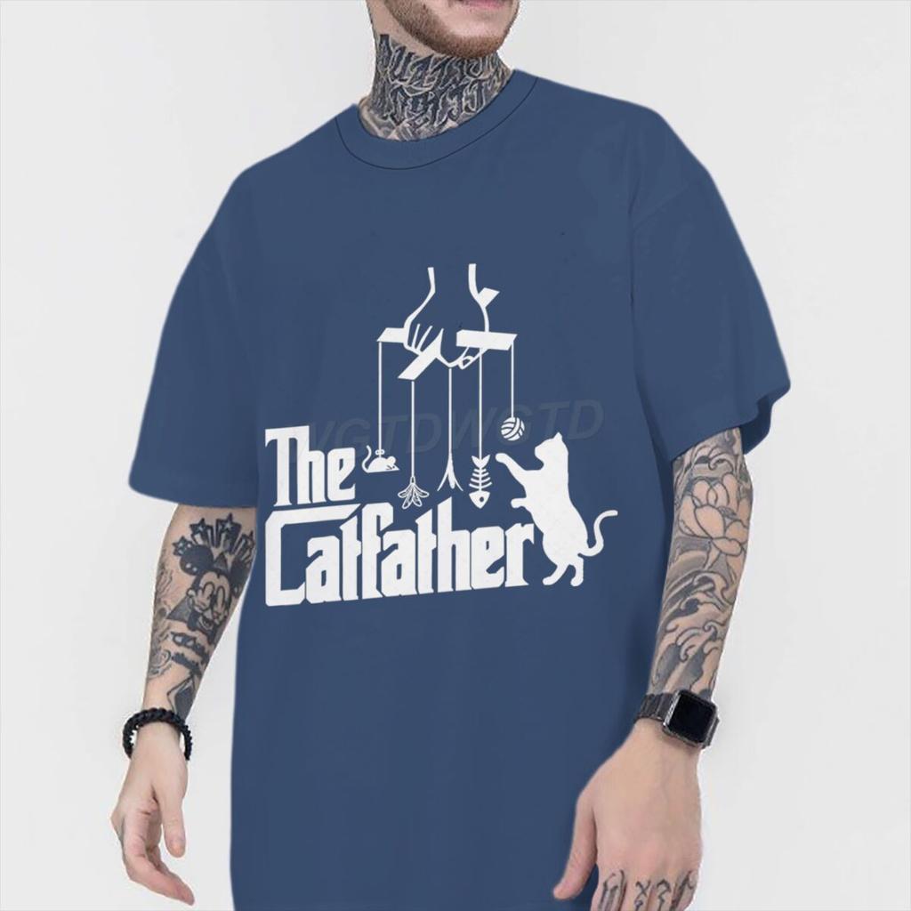 Vintage The Catfather Print T Shirt Men Fun Animal Cat Streetwear Short Sleeve Crewneck 100 Cotton Tshirts Fashion Kitten Tees