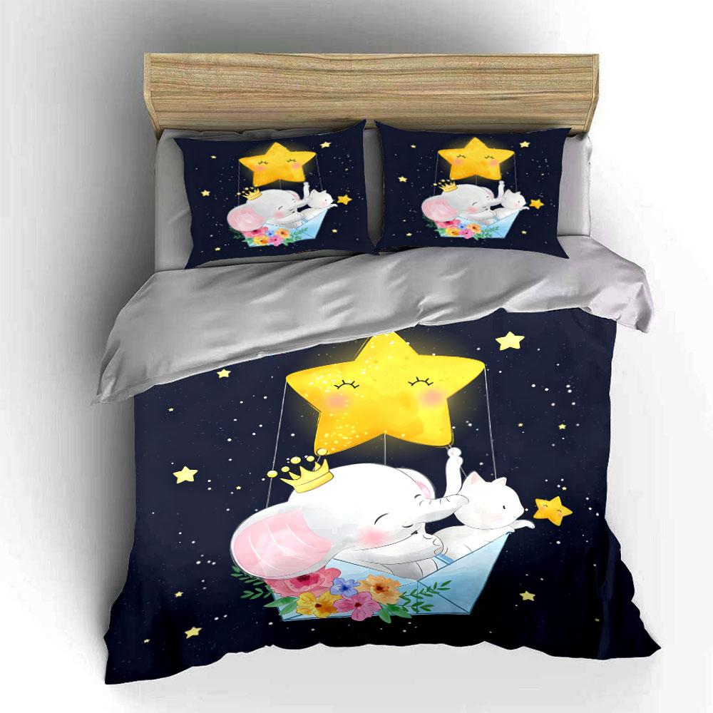 Elephant Starry Night Nursery Decor Soft Comfortable Duvet Cover Bedding Set Included 1*Duvet Cover & 2*Pillowcases, Gift