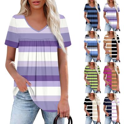 Women's Casual V-Neck Short Sleeve Chest Ruffle Printed Top