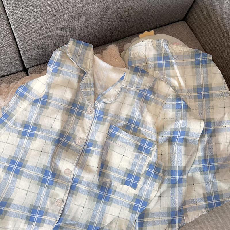 Ensemble de Pyjama Mignon à Carreaux pour Filles Printemps Automne Manches Longues Vêtements de Nuit Décontractés pour Femmes Ample Vêtements d'Intérieur