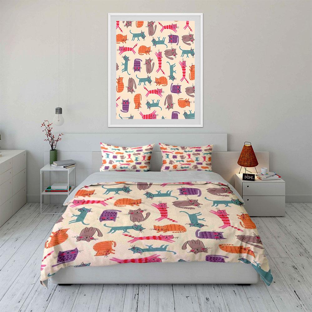 Cute Colorful Cartoon Cats Pattern Bedding Duvet Cover Set Duvet Cover Pillowcases  (1*Duvet Cover 2*Pillowcases, without duvet insert)