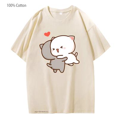 Peach and Goma Mochi Cat Love T-Shirts Women Kawaii Cartoon Tshirt for Girls Casual Short Sleeve 100% Cotton Fashion Tops