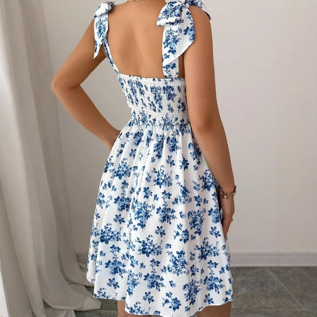Sleeveless Square Neck Floral Print Dress with Shoulder Straps and A Line for Women Casual Wear