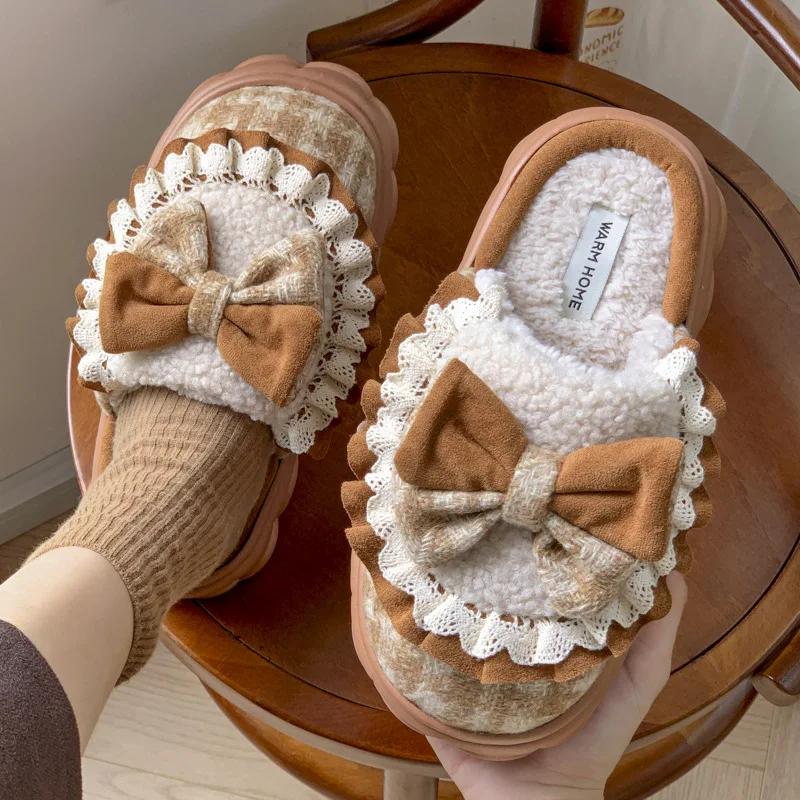Fashion Fluffy Slippers Women Home Retro Bowknot Designer Winter Shoes Girls Cute House Cotton Casual Plush Platform Footwear Elegant