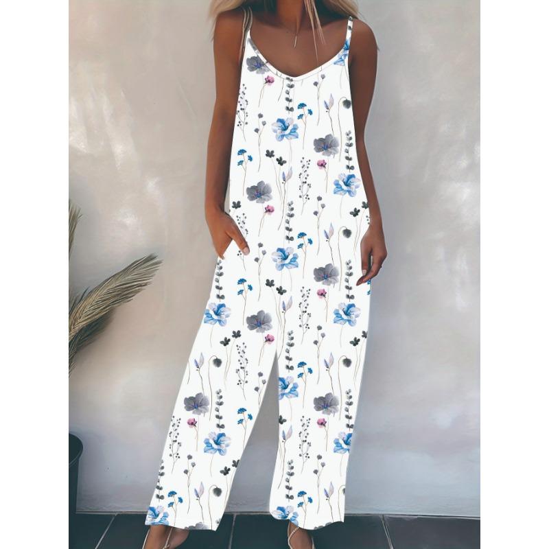 Women's Floral Print Spaghetti Strap Jumpsuit Casual Loose Wide Leg Overall with Pockets