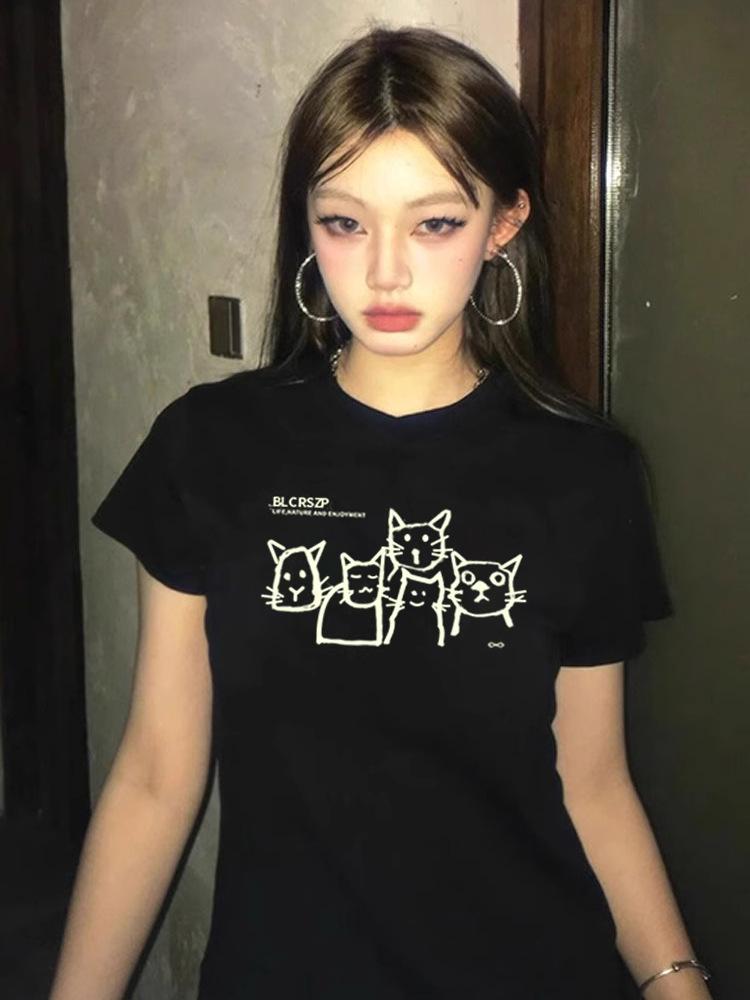 American Black Shoulder Short Sleeve T-Shirt Women s Summer Graffiti Puppy Design Sense Niche Slim Spice Girl Short Top S чёрный