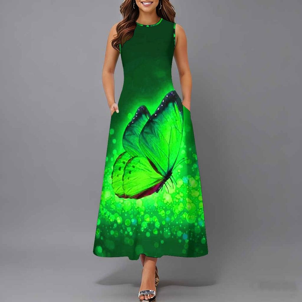 Women Oversized Sleeveless Round Neck Dress Jungle Foliage Pattern Flowy Calf Length Dress