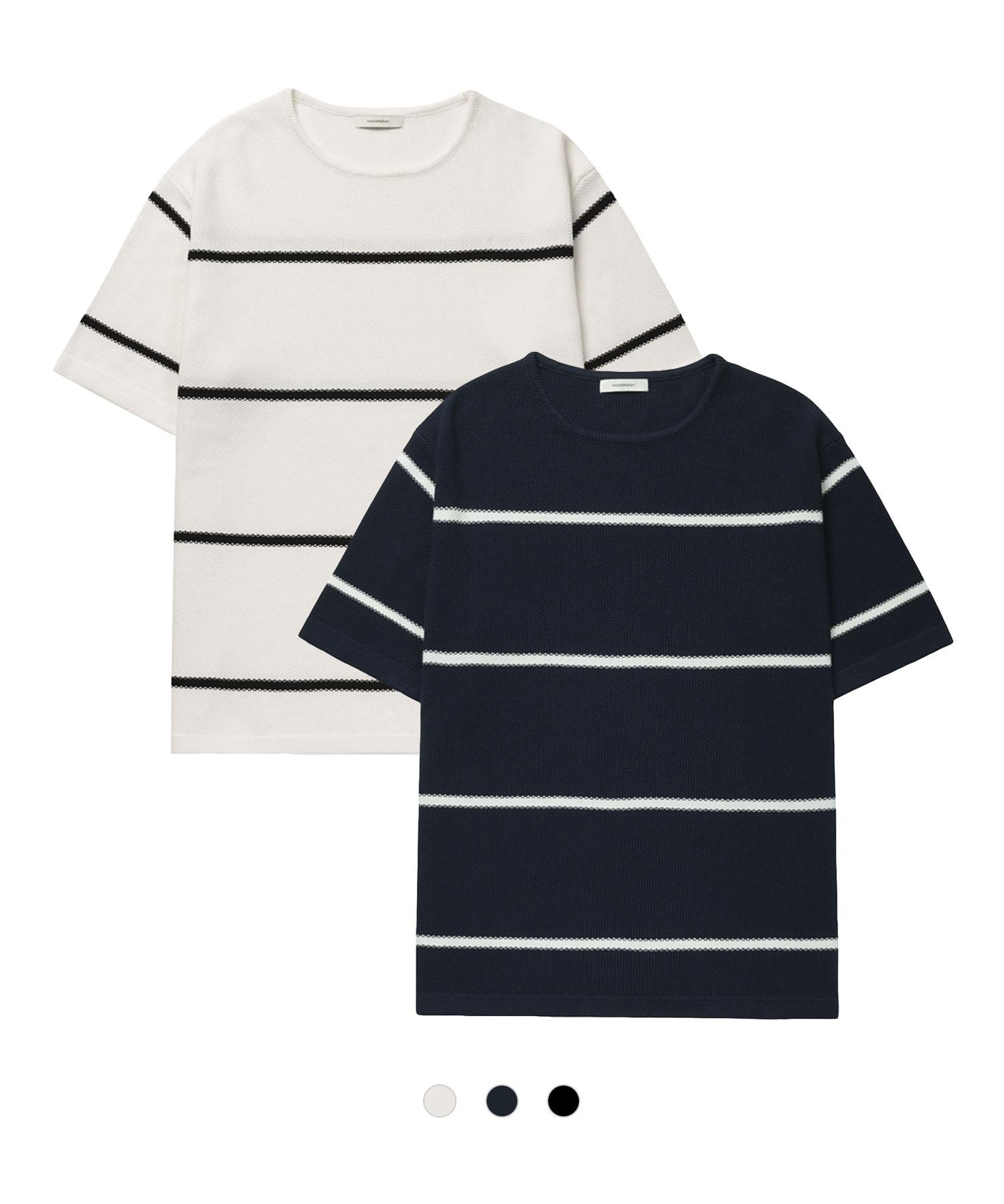 Mannergram Striped Boat Neck 100% Cotton Short Sleeve Knit - 3 Colors White/L
