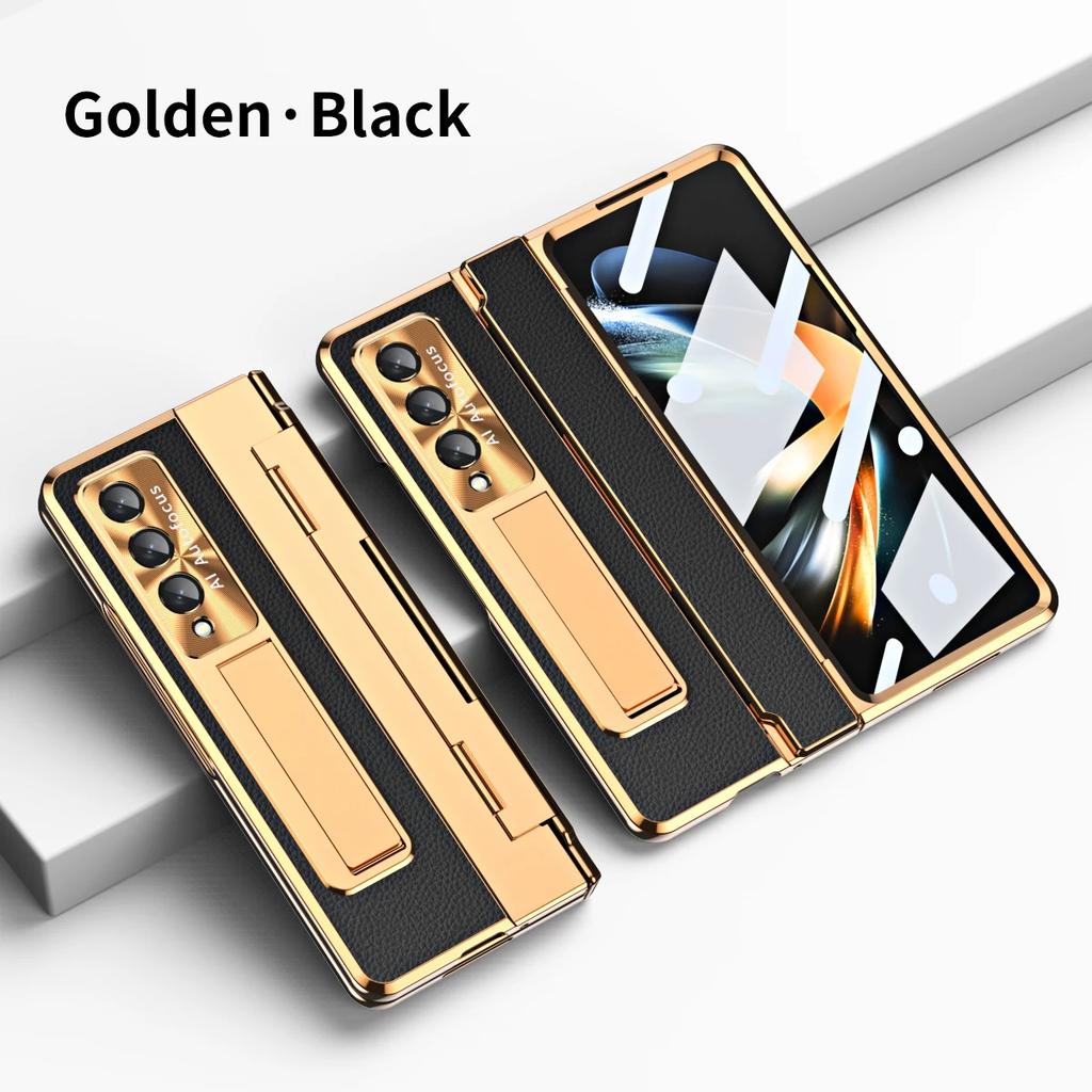 Plattande Gångjärn Enkelt Läder Fäste Fodral För Samsung Galaxy Z Fold 6 5 4 3 Med Härdat Glas Z Fold5 Fold6 Skyddsskal