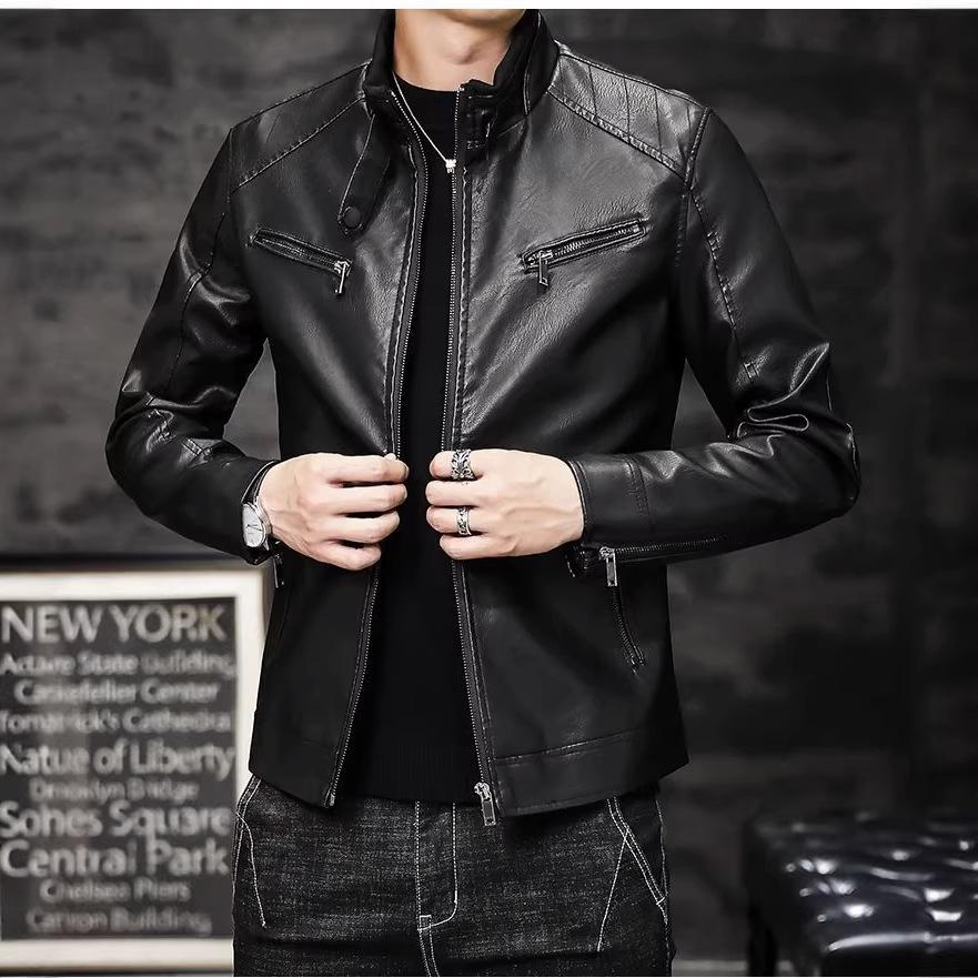 Autumn and winter new men's leather jacket slim youth trend leather jacket PU high-end leather jacket stand-up collar leather jacket men