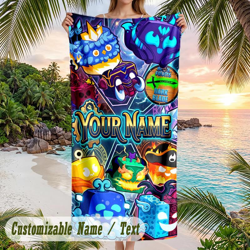 Blox Fruits Beach Towel, Personalized Custom Text, Quick Dry Soft Large Towel For Swimming Pool Travel