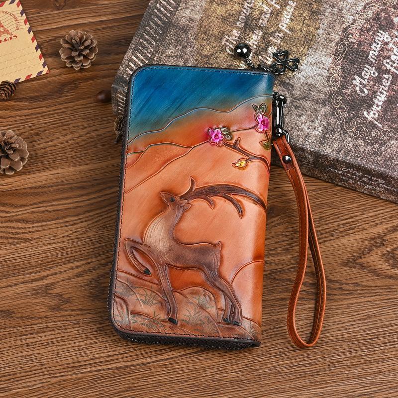 Johnature Vintage Wallet Genuine Leather Deer Head Embossed Women Long Wallets Natural Real Cowhide Hand Purse