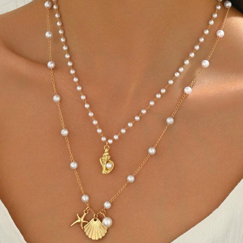 Boho Double Layer Imitation Pearl Shell Starfish Necklace for Women Beach Pendant Short Choker Neck Chain Jewelry Accessory