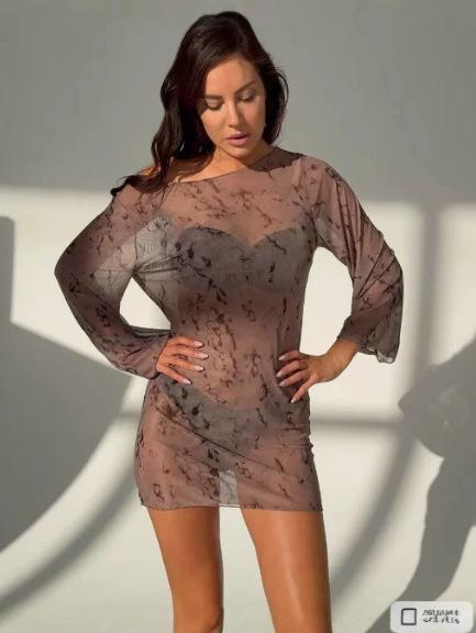 Women s Sheer Mesh Dress Cover Up Long Sleeve Lightweight Transparent Summer Beachwear Layered Mini Dress L кофейный