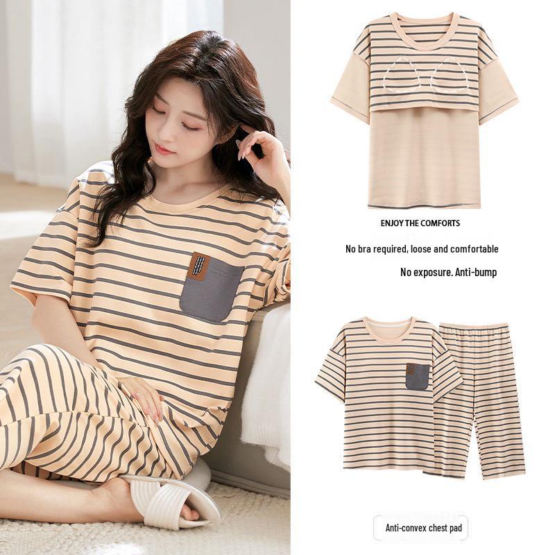 2025 Women's Summer Capri Pajama Set: Short-Sleeve, Thin Cotton with Breast Pads, Versatile for Home or Outside Wear